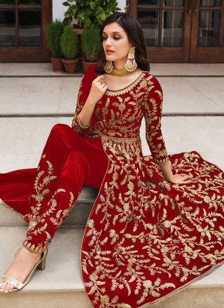 Red Engagement Net Trendy Salwar Suit