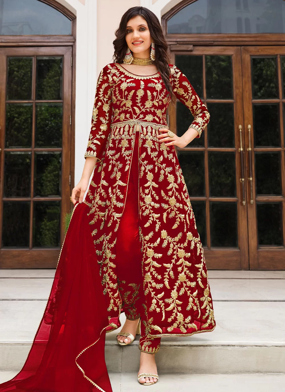 Red Engagement Net Trendy Salwar Suit