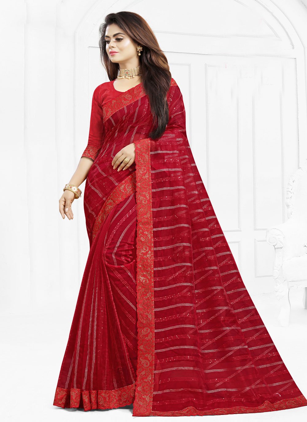 Red Fancy Net Classic Saree