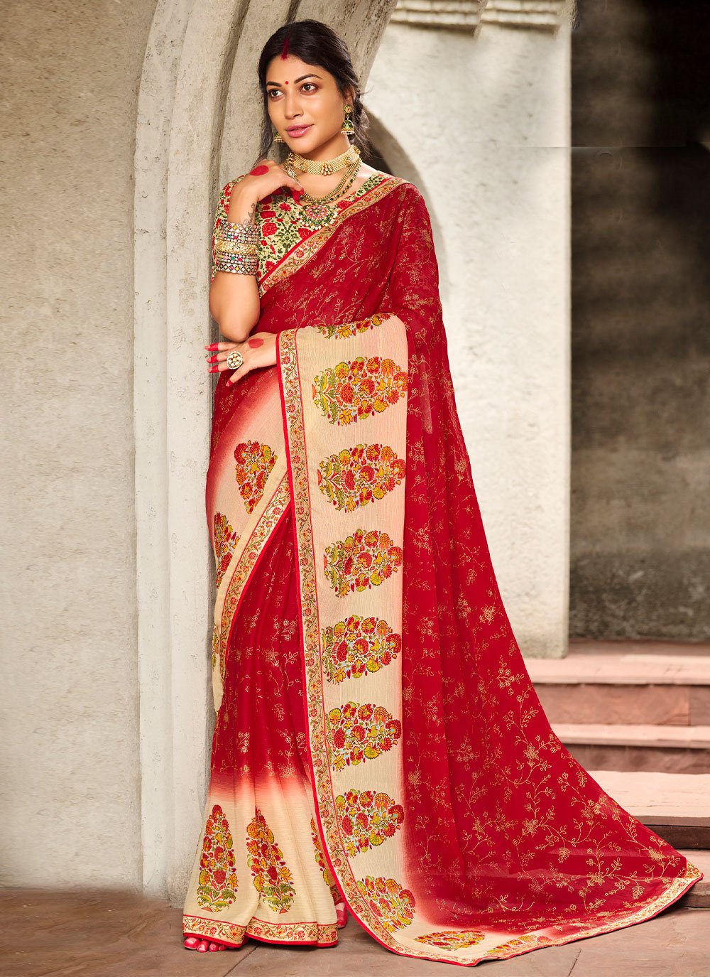 Lovely Grey Color Georgette Base With Heavy Work Designer Saree