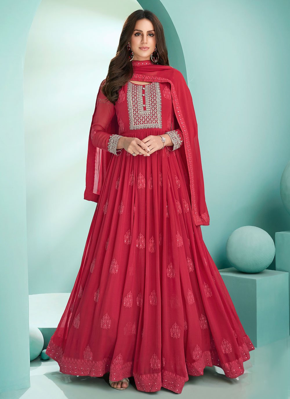 Red Faux Georgette Embroidered Readymade Anarkali Suit