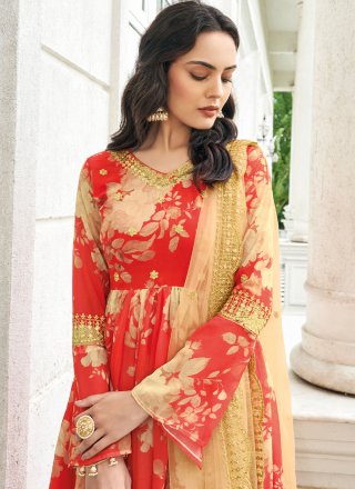 Red Faux Georgette Readymade Salwar Suit