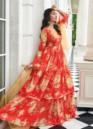 Red Faux Georgette Readymade Salwar Suit