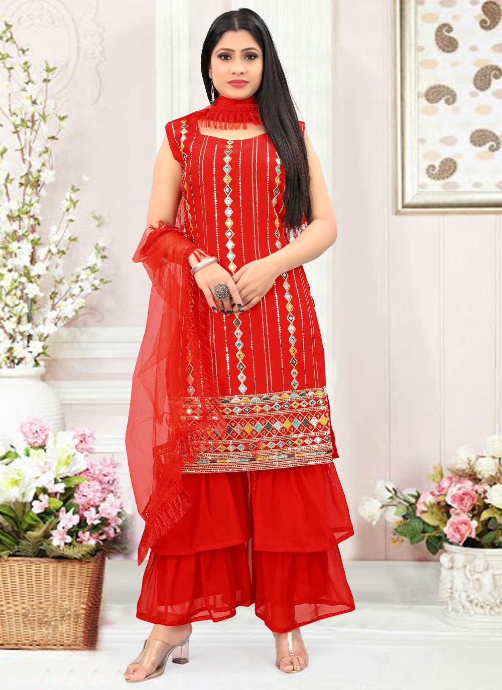 Red color Faux Georgette Designer wear Salwar Suit by