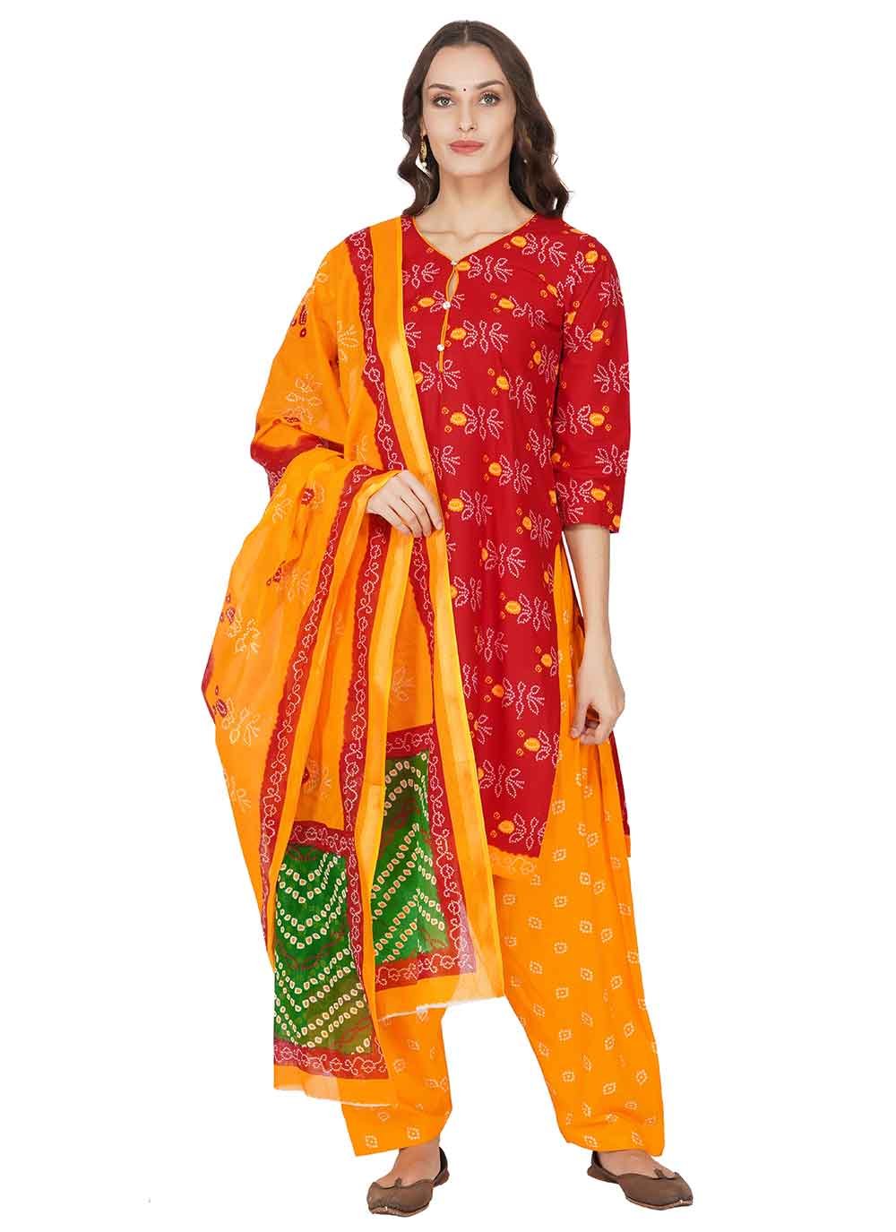 Red Festival Cotton Punjabi Suit