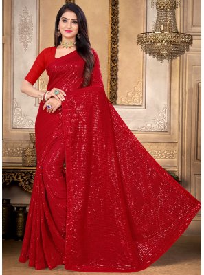 Red Georgette Sequins Contemporary Saree