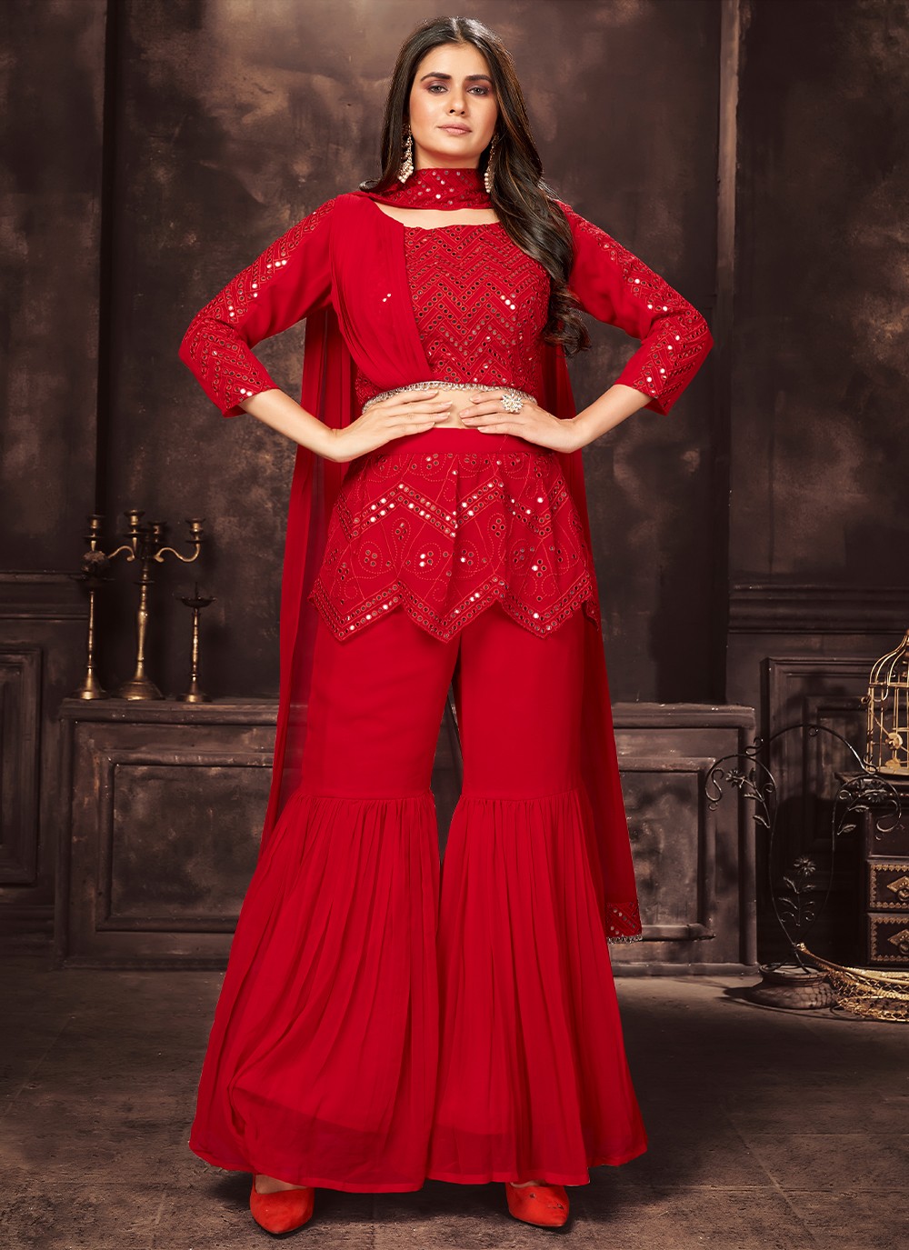 Red Georgette Sequins Readymade Salwar Kameez