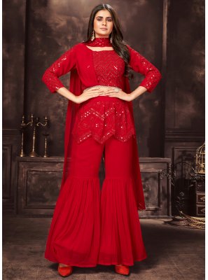 Red Georgette Sequins Readymade Salwar Kameez