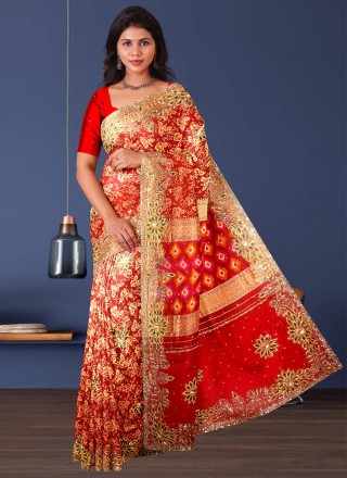 Red Kanjivaram Silk Embroidered Designer Saree