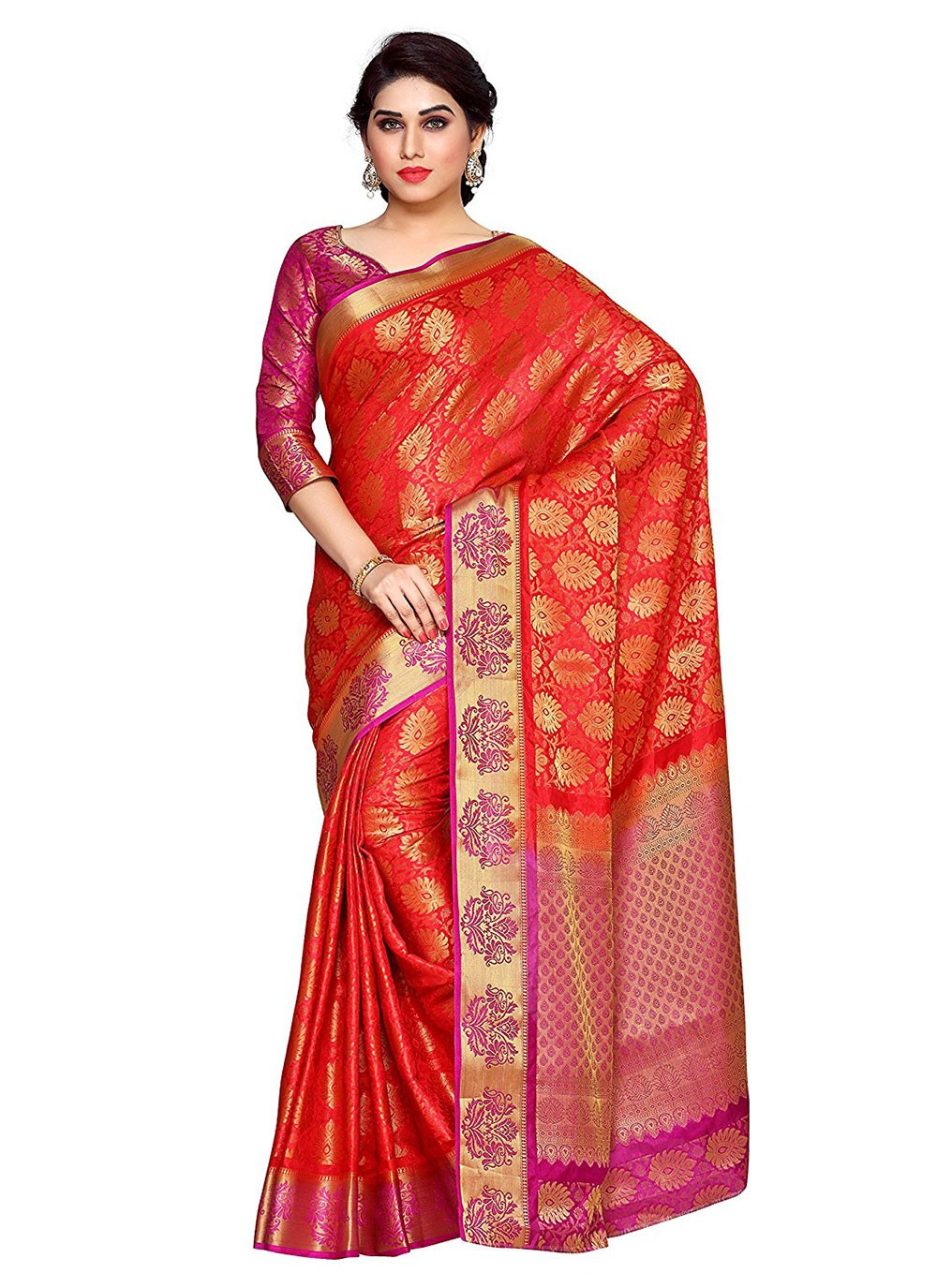 Buy Vardha Crimson Red Zari Floral Kanjeevaram Silk Saree Online at Best  Price | Distacart