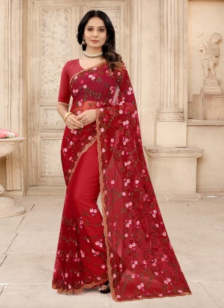 Red Net Contemporary Style Saree