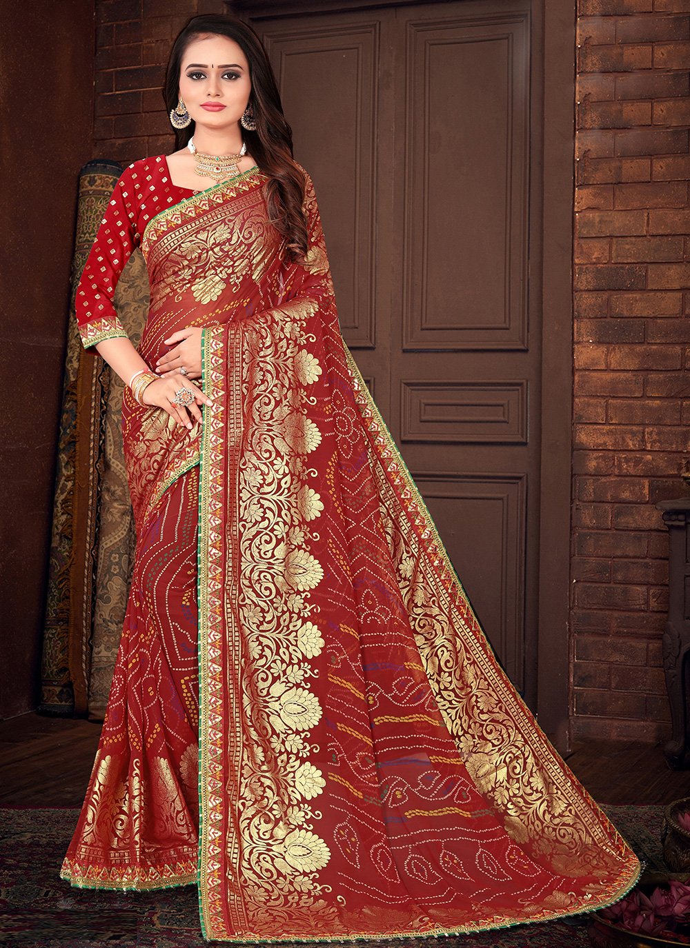 Red Party Faux Georgette Bandhani Saree