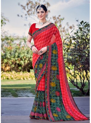 Red Printed Georgette Casual Saree