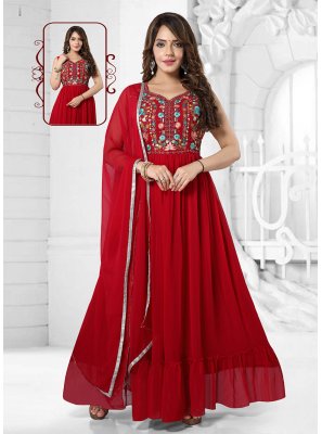 Red Reception Faux Georgette Designer Gown