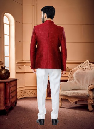 Red Reception Jacquard Jodhpuri Suit