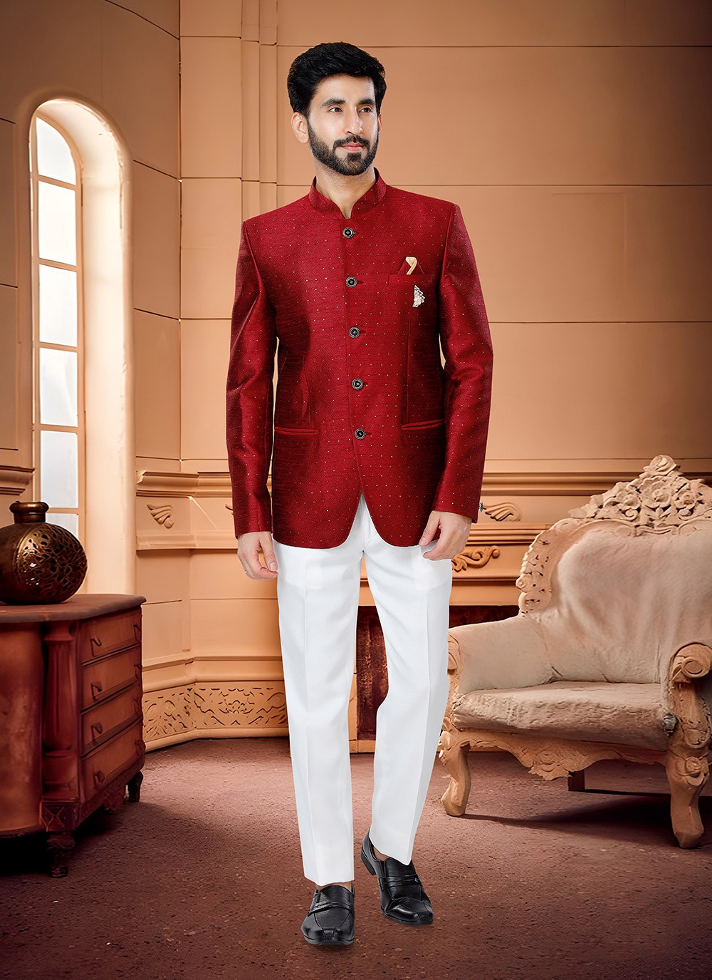 Embroidered Art Silk Jodhpuri Suit in Cream : MLY1783
