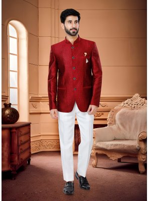 Red Reception Jacquard Jodhpuri Suit