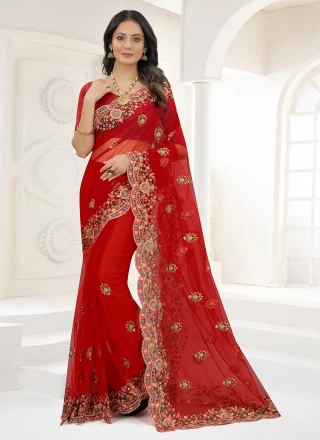 Red Resham Net Contemporary Style Saree