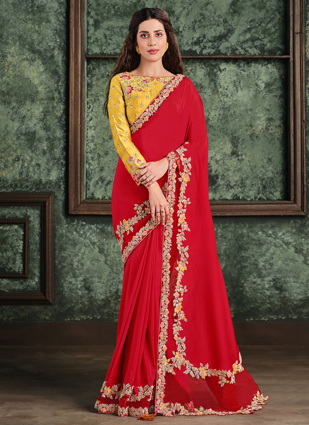 Red Satin Silk Embroidered Designer Bridal Sarees buy online -