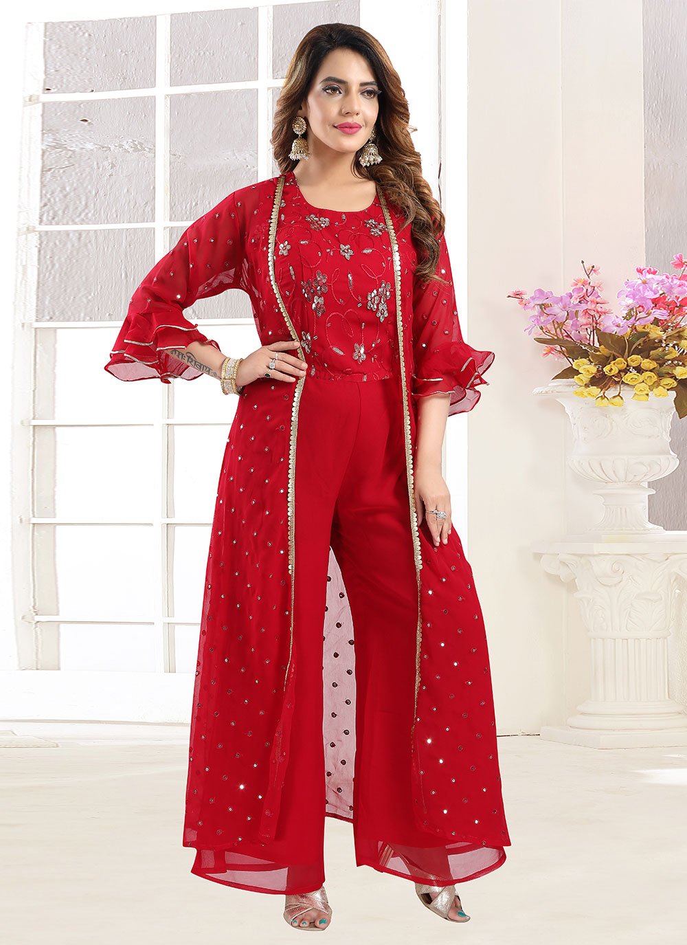 Red Sequins Party Jacket Style Salwar Kameez