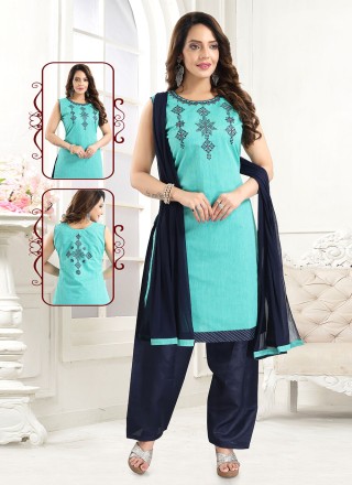 Resham Blue Chanderi Cotton Readymade Salwar Suit