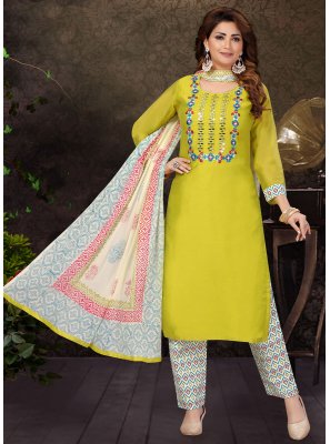 Resham Chanderi Pant Style Suit in Green