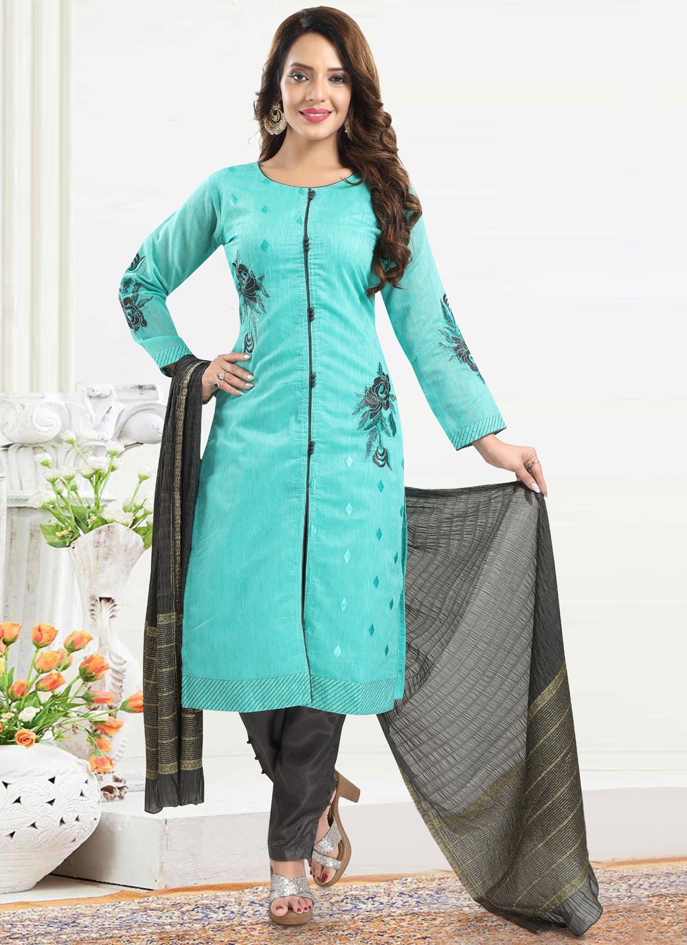 Buy Online Cotton Designer Firozi Pant Style Suit : 263650 -