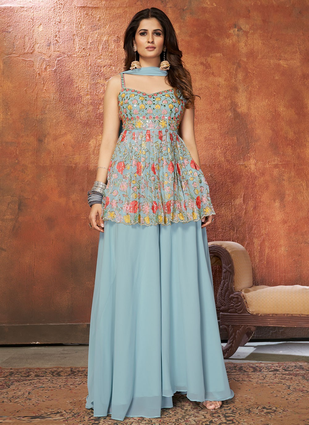 Resham Georgette Designer Pakistani Suit in Blue