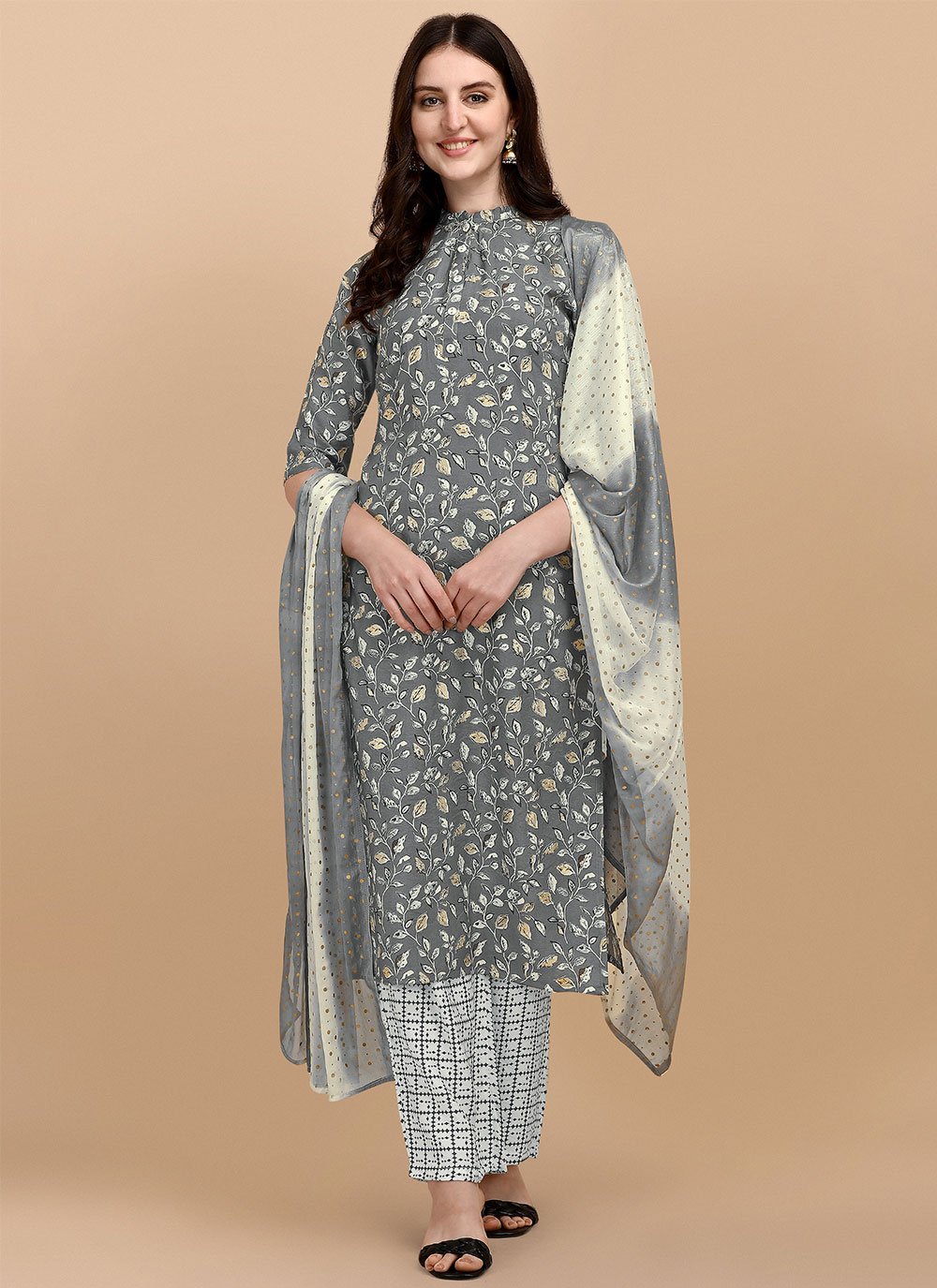 Resham Grey Chanderi Readymade Salwar Suit
