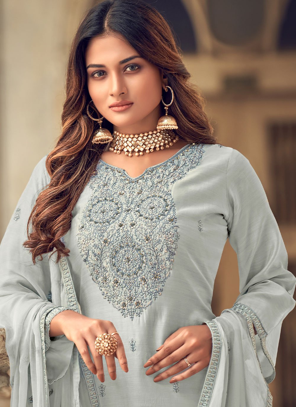 Buy Resham Grey Muslin Designer Straight Salwar Suit : 221879 -