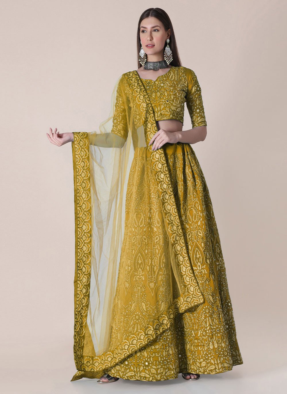 Resham Mustard Tafeta Silk Designer Lehenga Choli