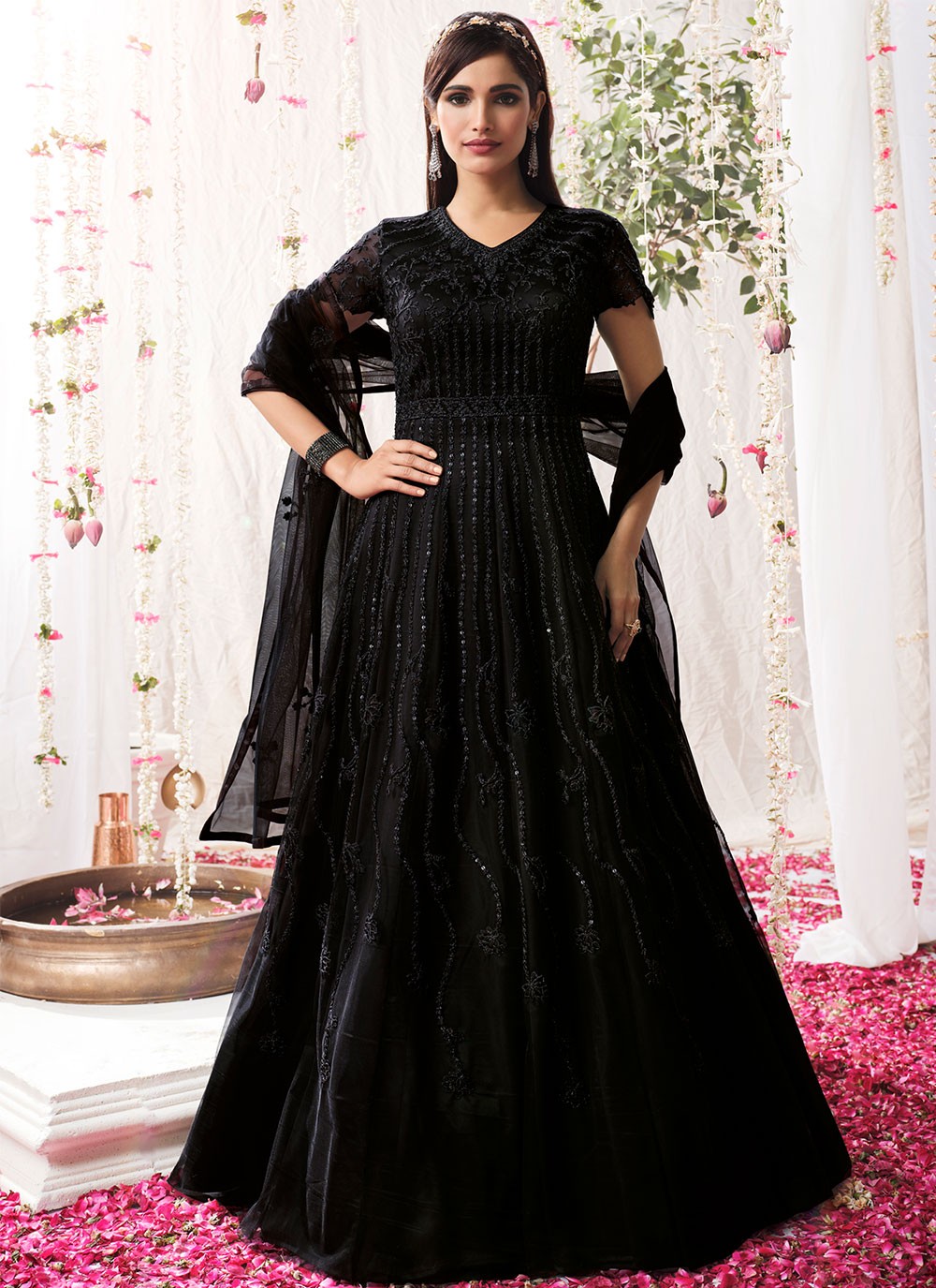 Resham Net Black Ankle Length Anarkali Salwar Suit