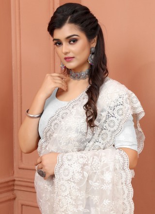 Resham Off White Net Designer Saree
