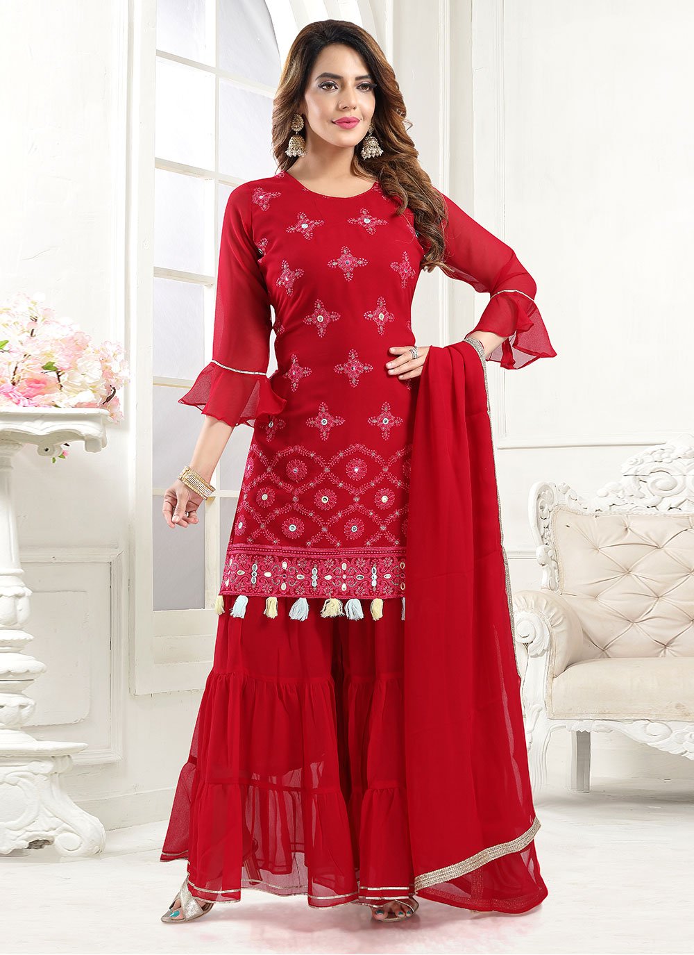 Resham Red Designer Palazzo Salwar Suit