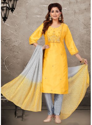 Resham Silk Pant Style Suit in Yellow