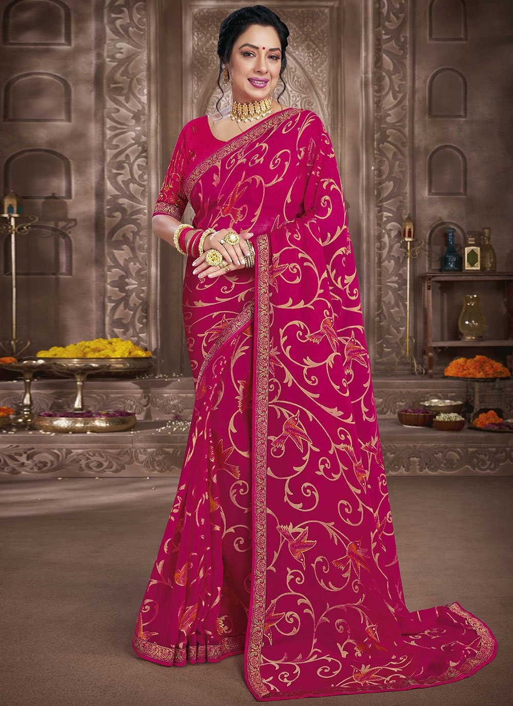 Buy Rupali Ganguly Embroidered Pink Brasso Classic Saree 214452