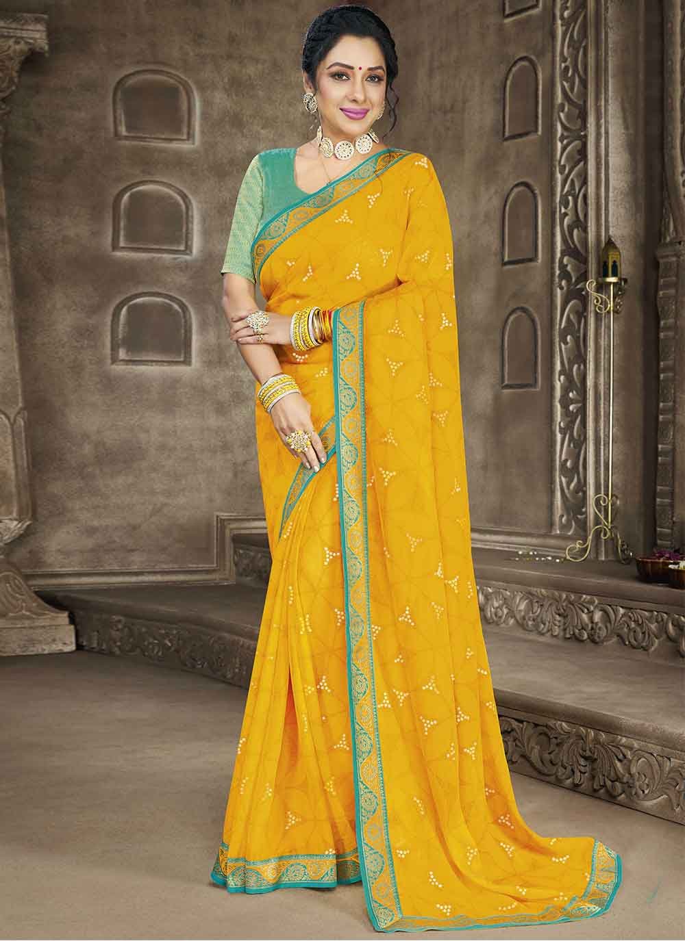 Shop Rupali Ganguly Faux Georgette Yellow Lace Classic Saree