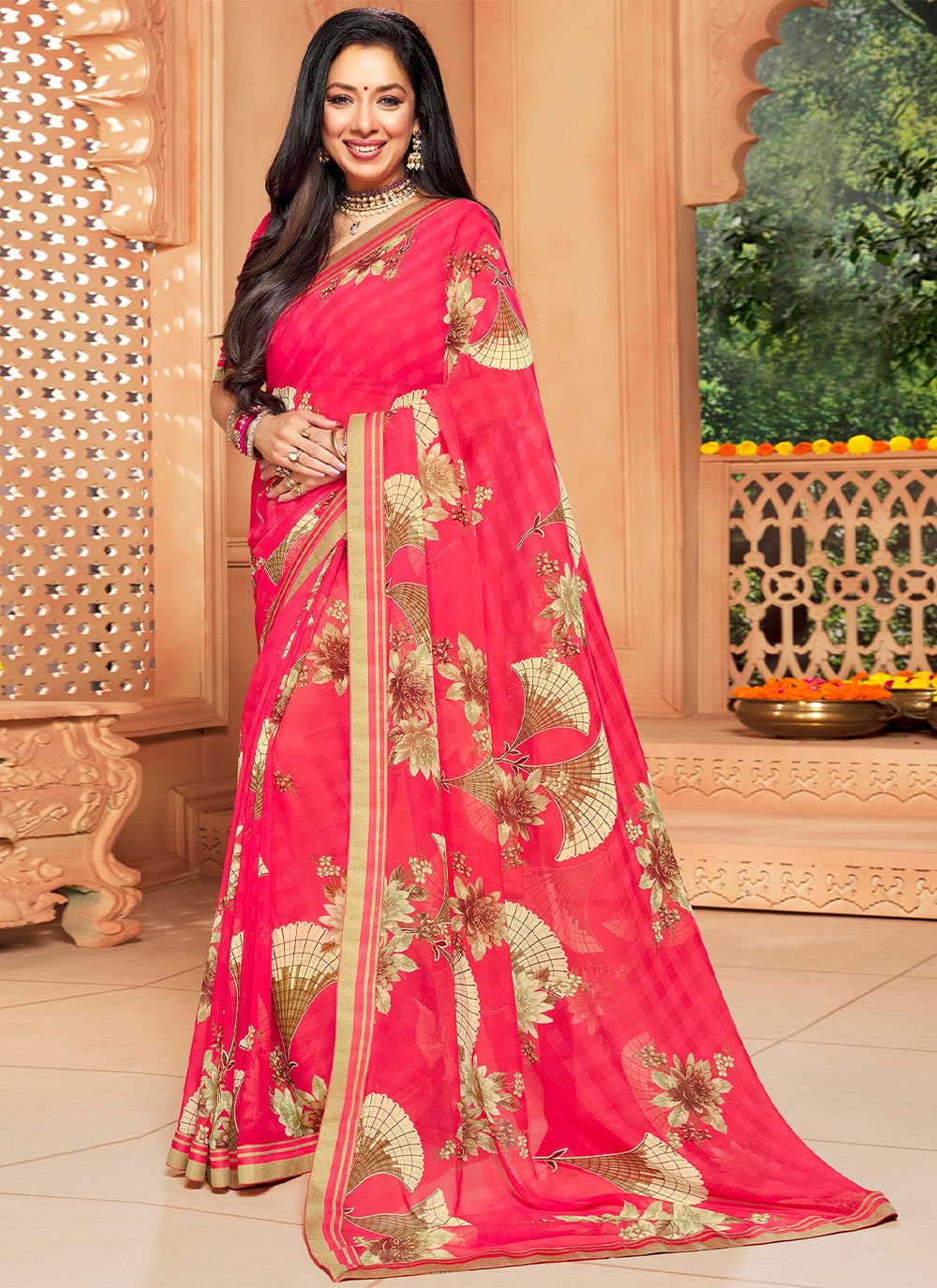 Buy Online Rupali Ganguly Georgette Red Border Classic Saree