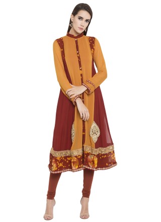Rust and Yellow Embroidered Designer Kurti For Ceremonial