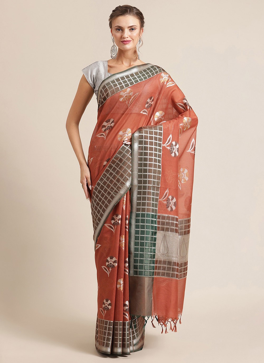 Rust Banarasi Silk Festival Designer Traditional Saree