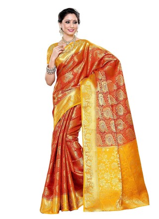 Rust Zari Kanjivaram Silk Designer Saree