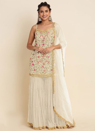 Salwar Kameez Embroidered Faux Georgette in Off White