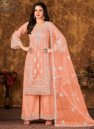 Salwar Kameez Embroidered Net In Peach