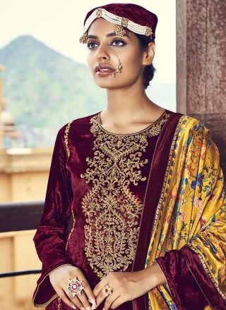 Salwar Kameez Embroidered Velvet in Maroon