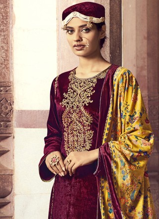 Salwar Kameez Embroidered Velvet in Maroon