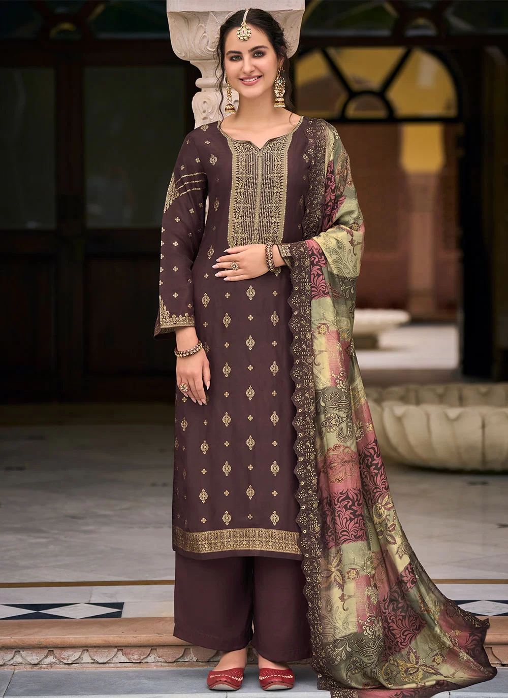 Salwar Kameez Jacquard Work Silk in Brown