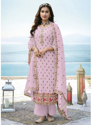 Salwar Suit Embroidered Chinon in Pink