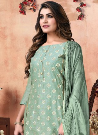 Salwar Suit Embroidered Cotton in Turquoise