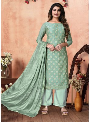Salwar Suit Embroidered Cotton in Turquoise