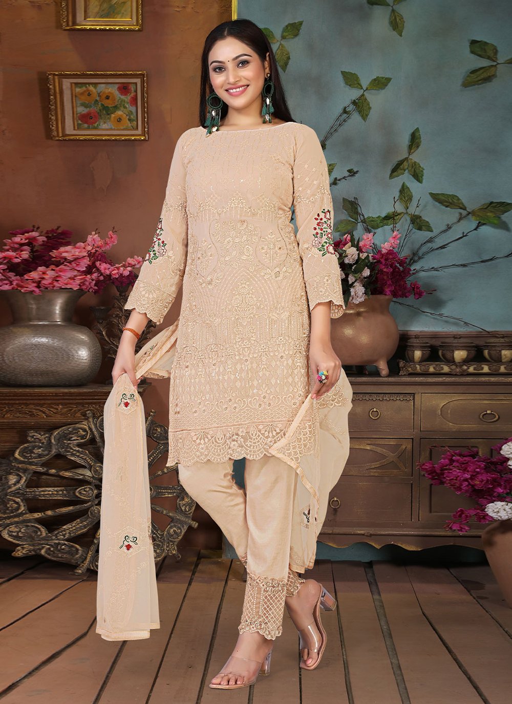 Salwar Suit Embroidered Faux Georgette in Beige